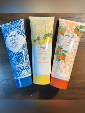 Amber Glow 3 Pc FULL SET Hand &Body Lotions: Sweet Lemon, Citrus & Aqua Blue NEW